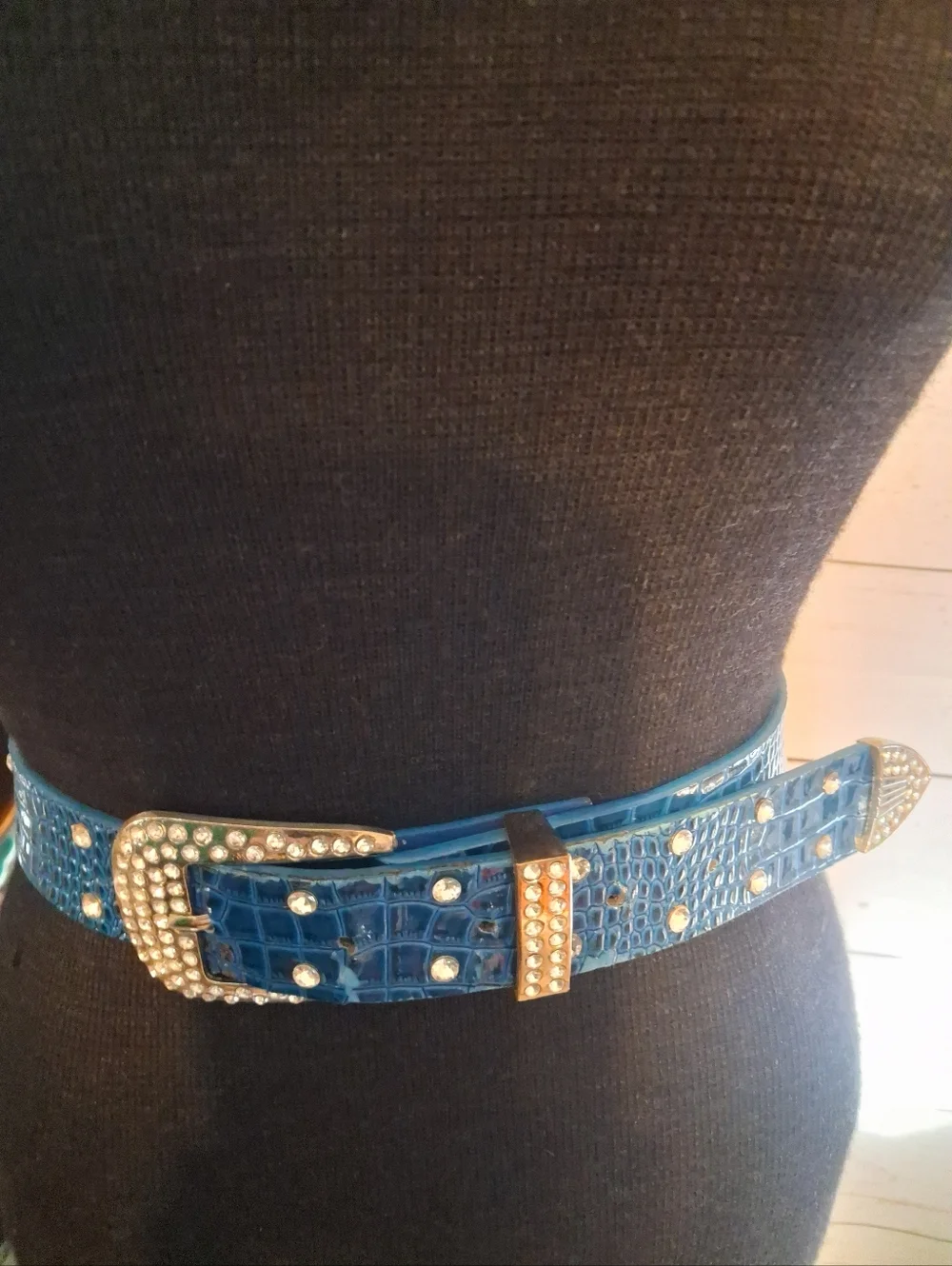 Blue Croc-Embossed Faux Leather Rhinestone Western Belt 33 To 38 Inches